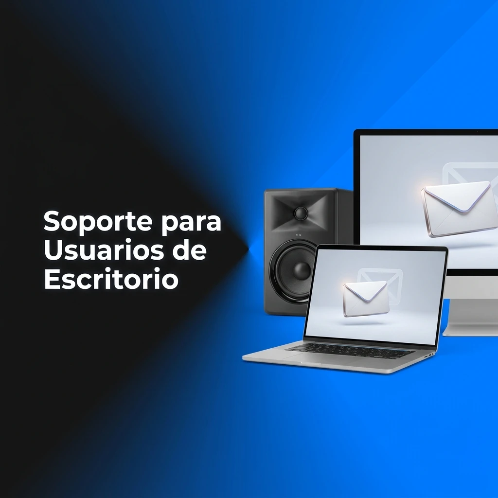 Soporte para usuarios de escritorio: chat en vivo 24h, correo y redes sociales disponibles para resolver consultas técnicas.