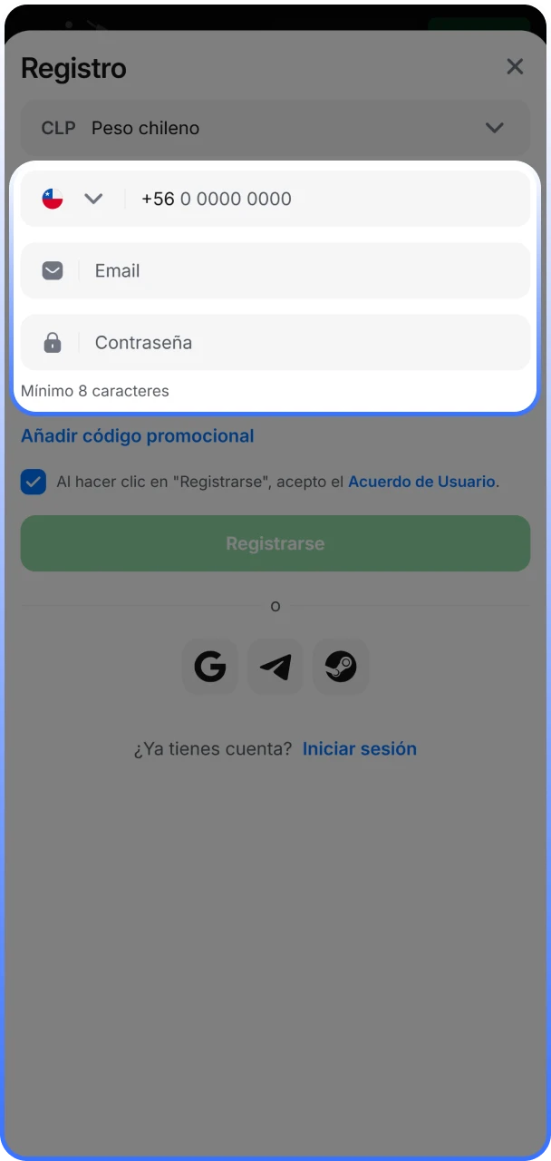 Formulario de inscripción con campos para el número telefónico, correo electrónico y contraseña segura.