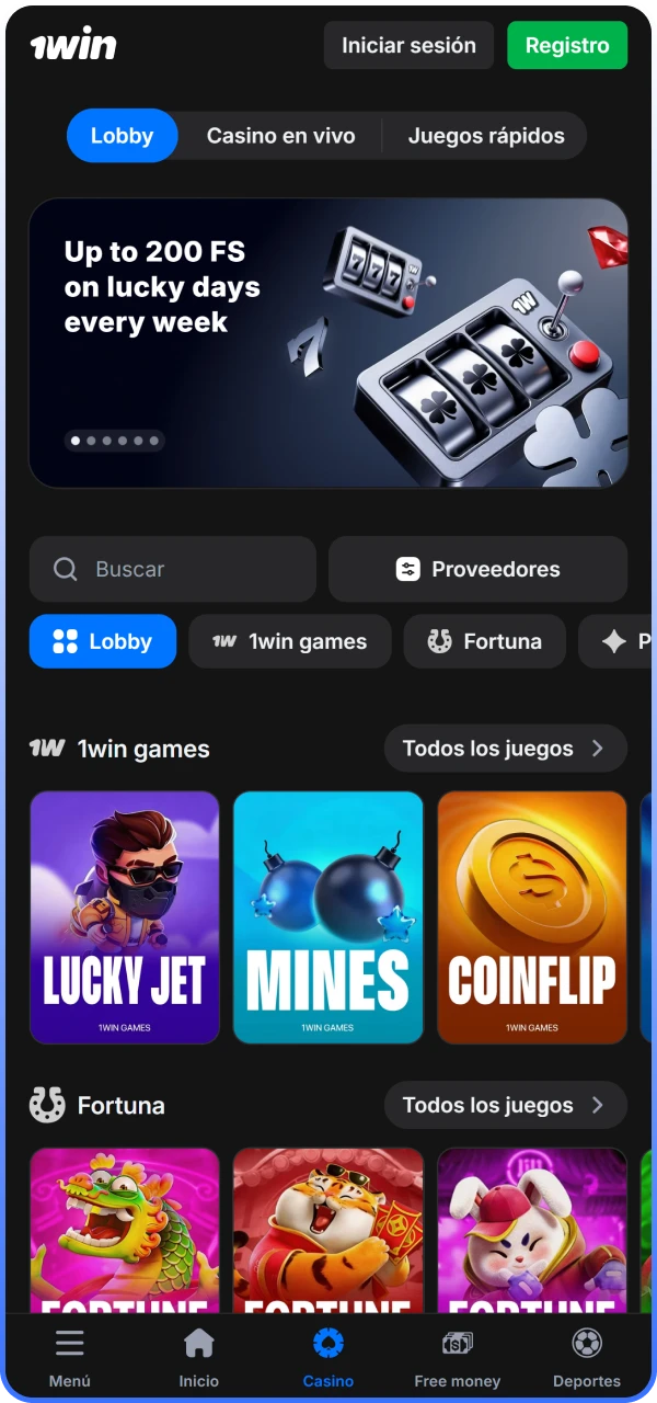 Catálogo de tragamonedas y juegos de azar en el sitio oficial de 1win Chile.