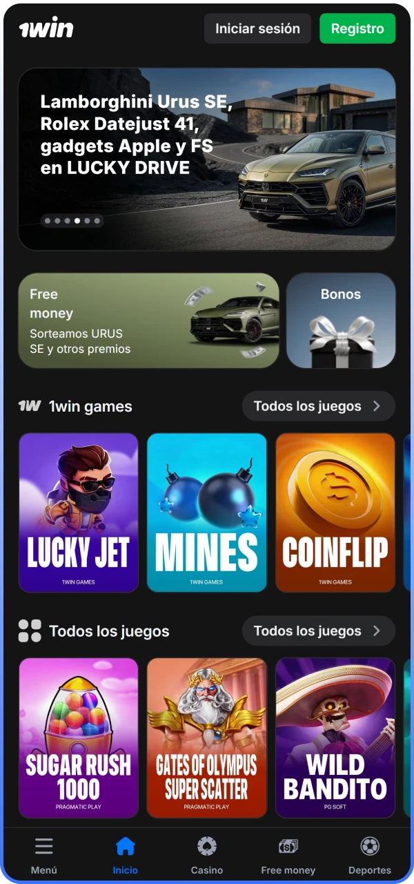 Vista general de la pantalla de inicio en el sitio oficial de 1win Chile.