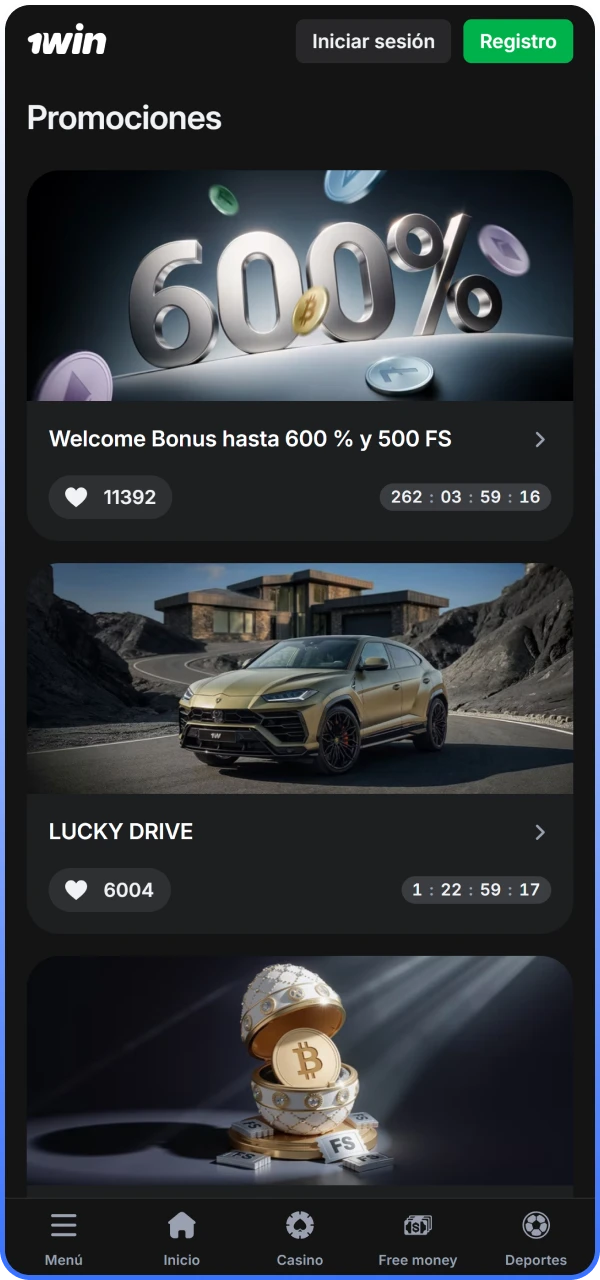 Listado de promociones y beneficios vigentes en el sitio oficial de 1win Chile.