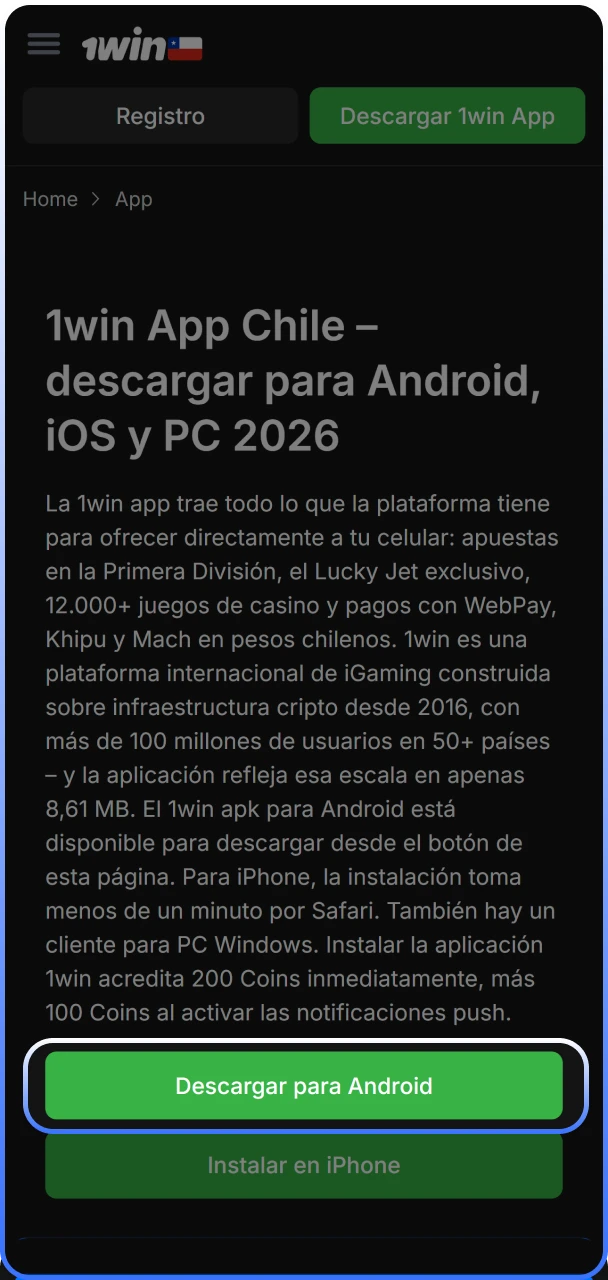 Enlace de descarga directa del archivo APK disponible en el sitio oficial de 1win.