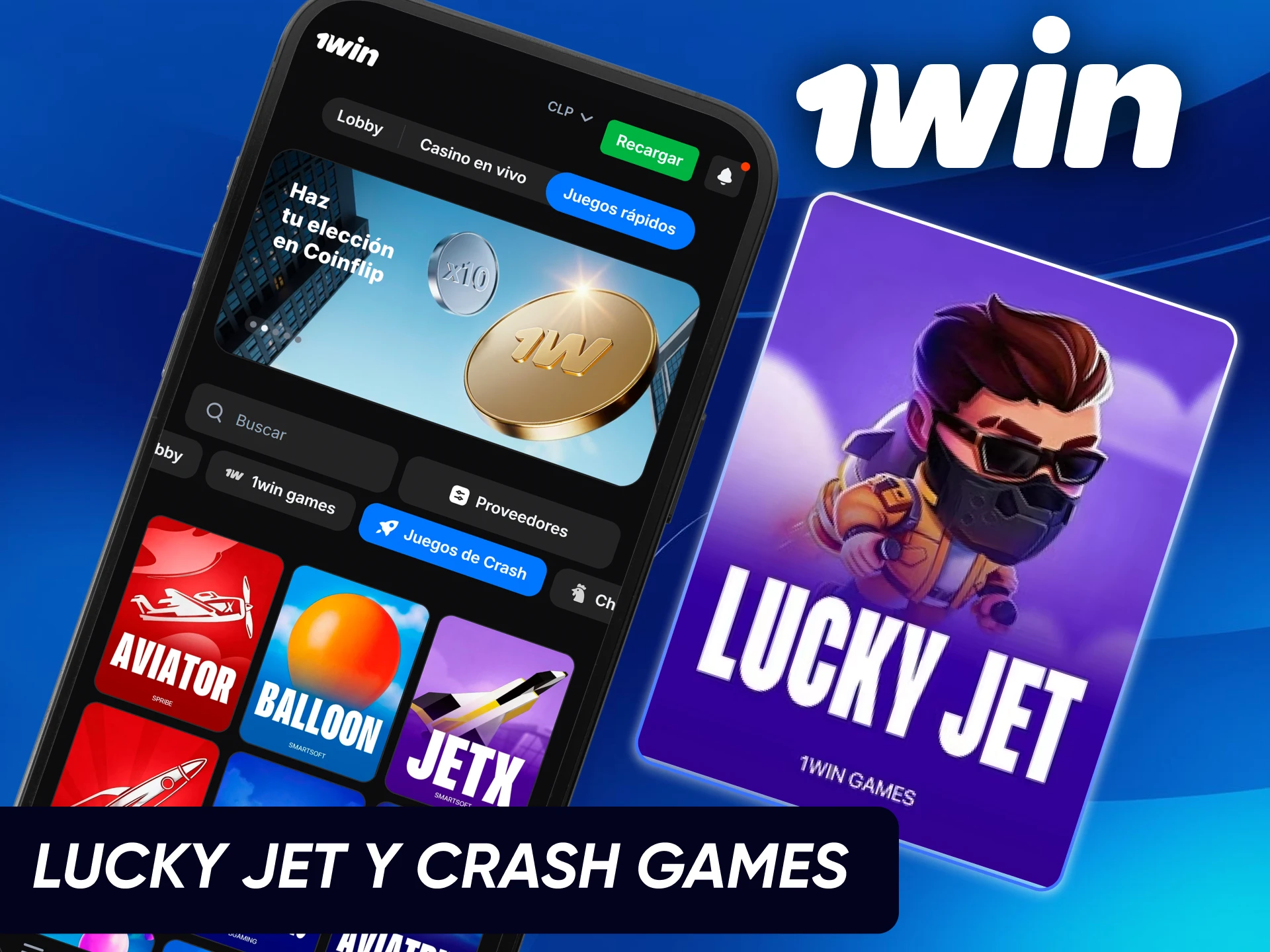 Interfaz optimizada de Lucky Jet y juegos de choque para jugar desde la aplicación oficial de 1win Chile.