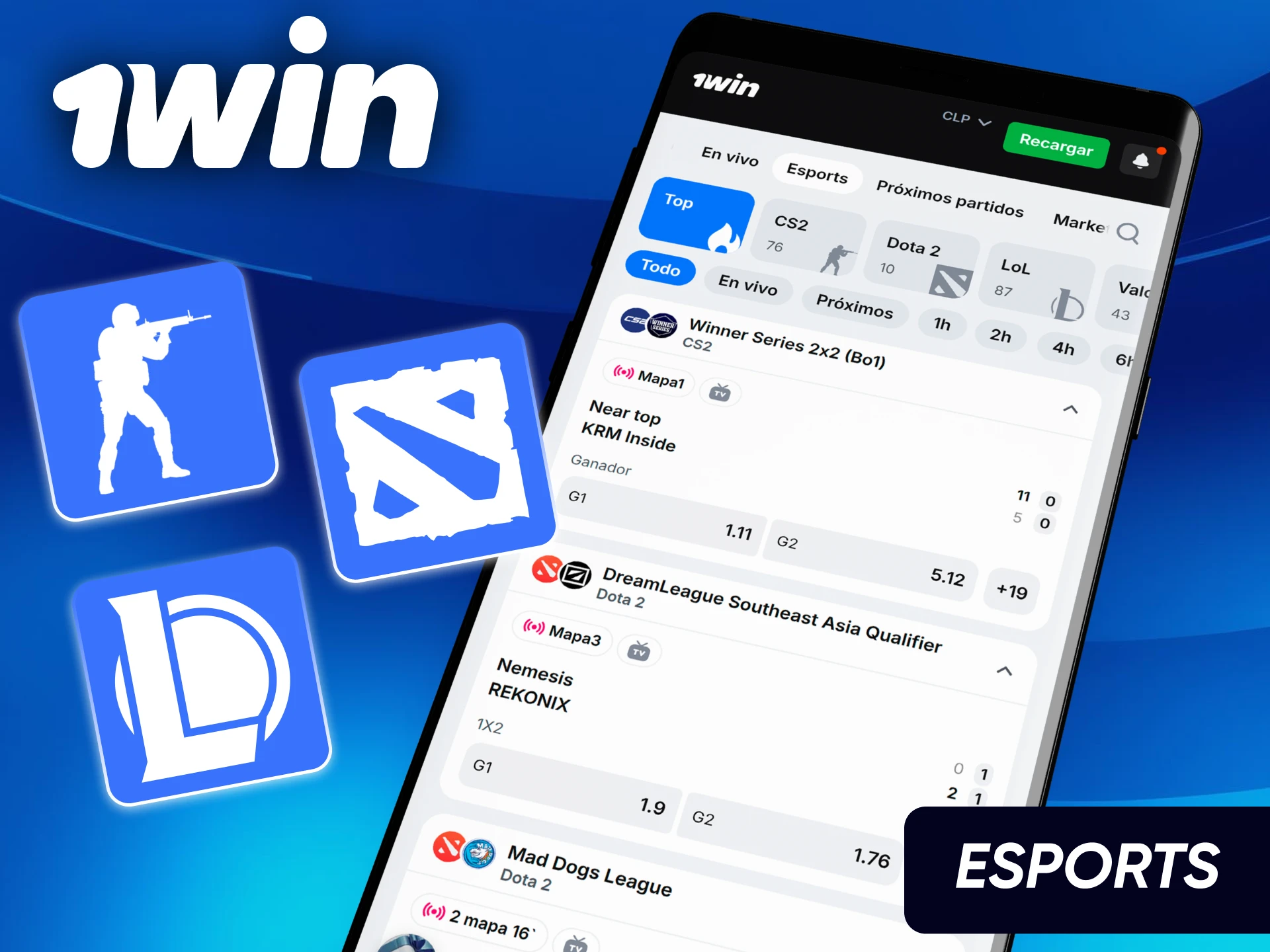 Transmisión en directo y apuestas de Esports integradas en la aplicación oficial de 1win Chile.