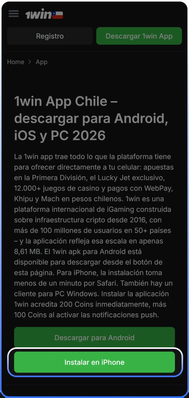 Navegación hacia la plataforma oficial de 1win Chile desde un dispositivo iPhone.