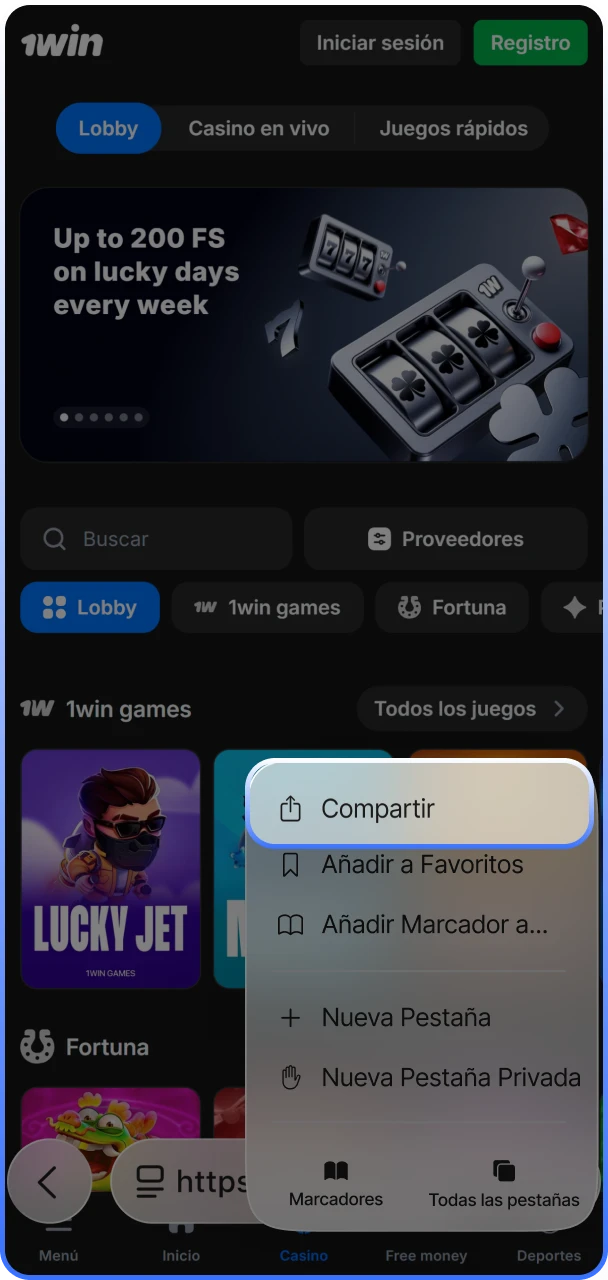 Ubicación del icono de compartir en iOS para agregar el sitio oficial de 1win.