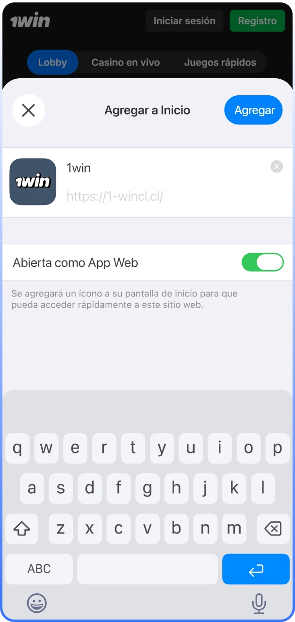 Personalización del acceso directo a la aplicación oficial de 1win Chile.