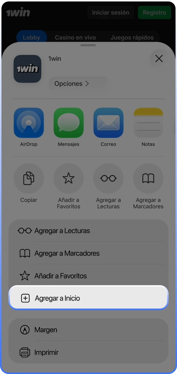 Opción para crear un acceso directo del sitio oficial de 1win en el escritorio del iPhone.