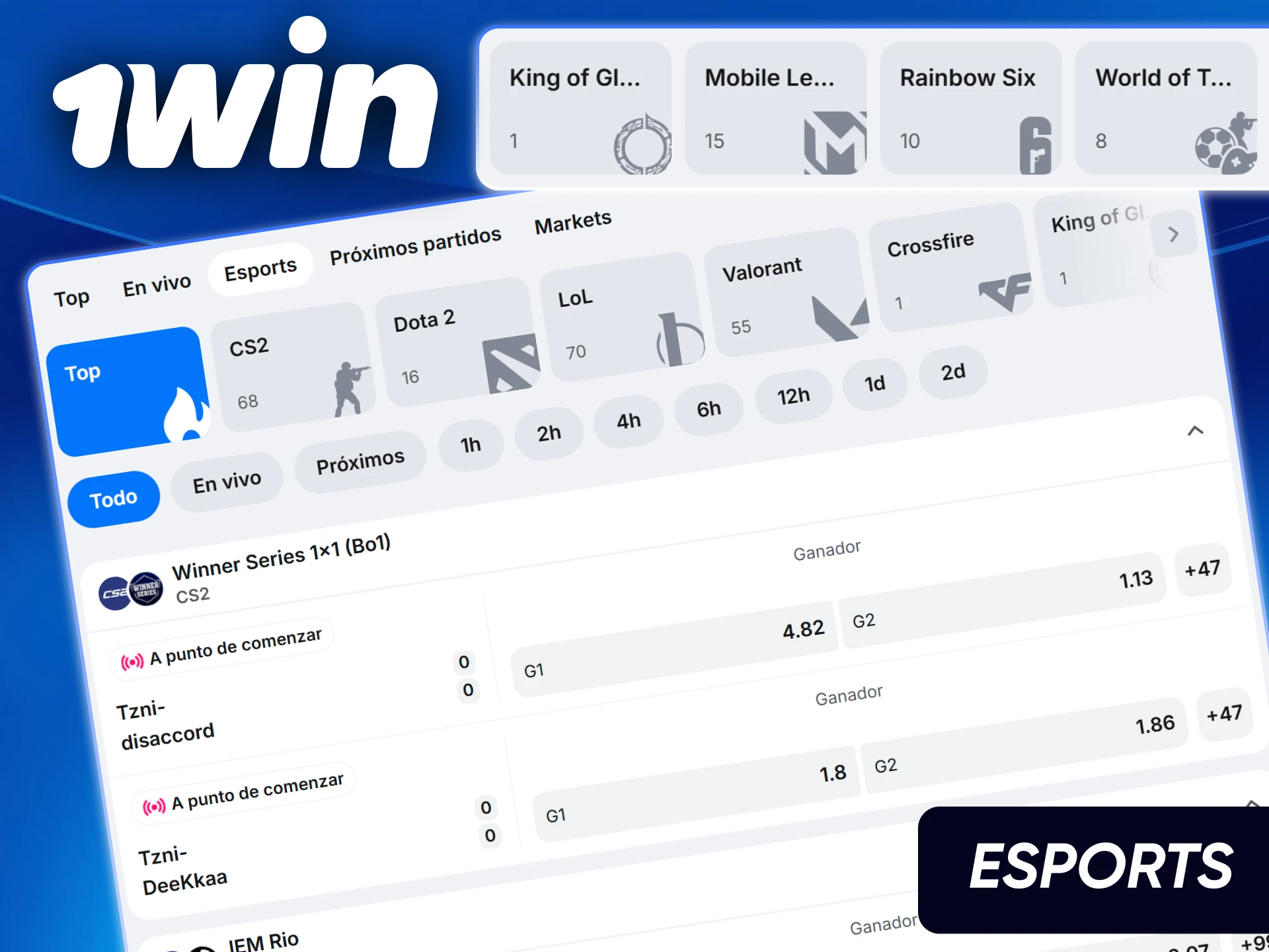 Apuestas en vivo para competencias de CS2, Dota 2 y League of Legends en el sitio oficial de 1win.