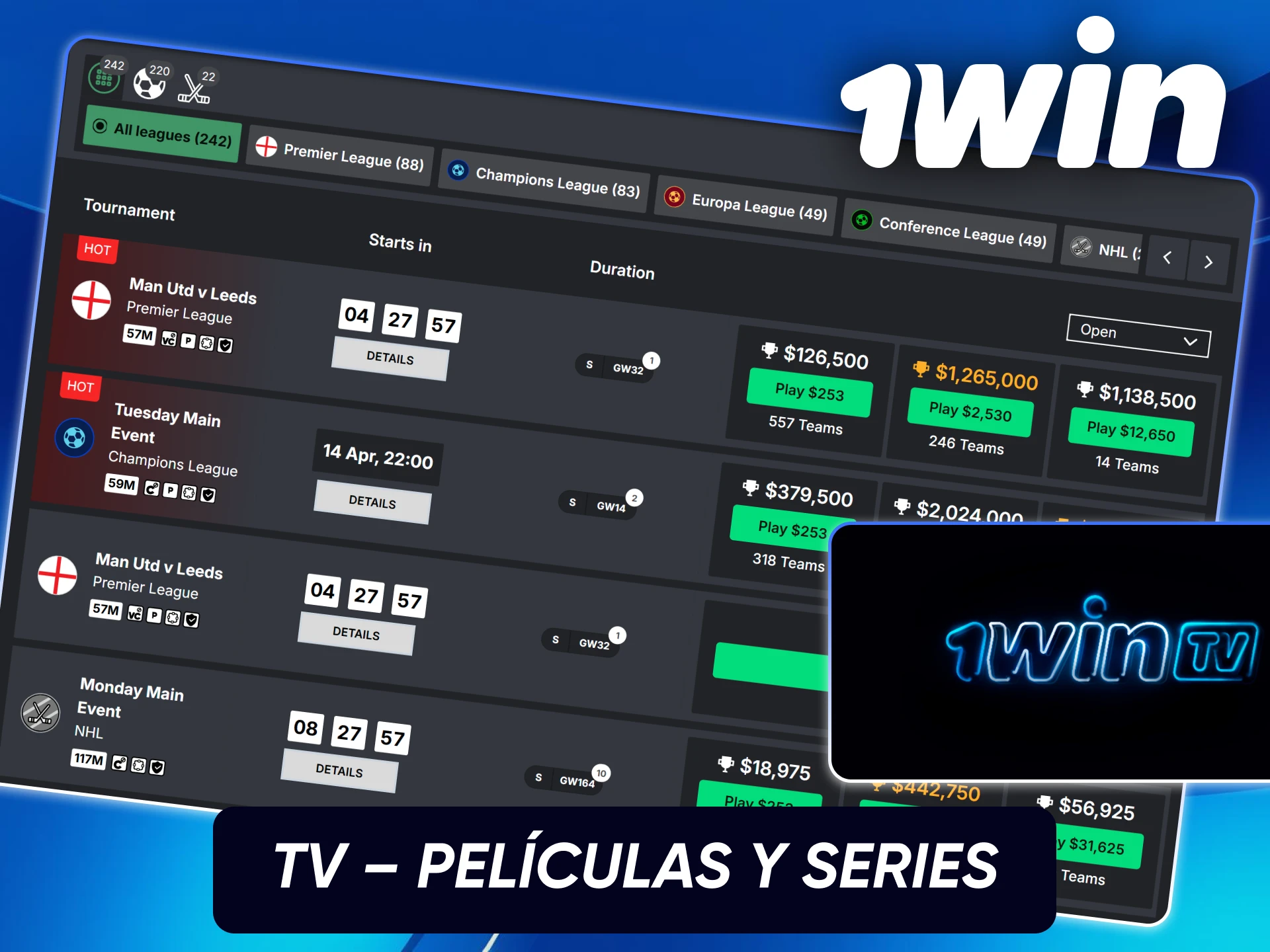 Catálogo de películas y series disponibles para streaming gratuito en el sitio oficial de 1win Chile.