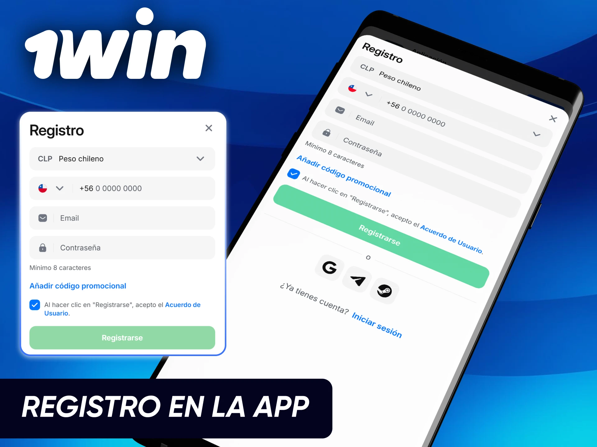 Formulario de registro rápido diseñado para la aplicación oficial de 1win en dispositivos móviles.