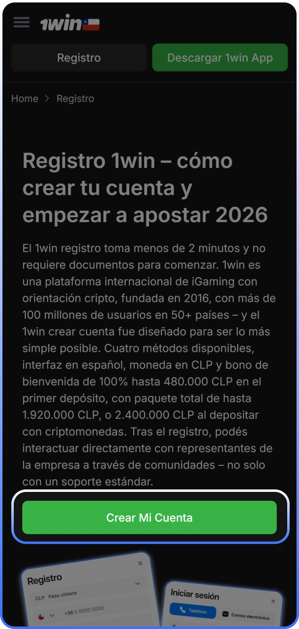 Ubicación del botón de registro verde en la interfaz principal de la plataforma oficial.