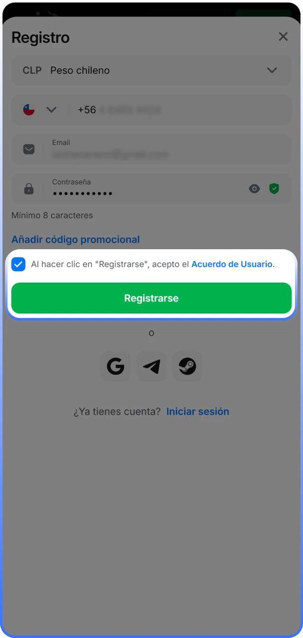Botón de validación final para aceptar los términos de uso y activar el perfil de jugador.