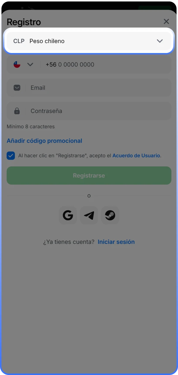 Selección de Pesos Chilenos como moneda principal en el menú desplegable del registro oficial de 1win.